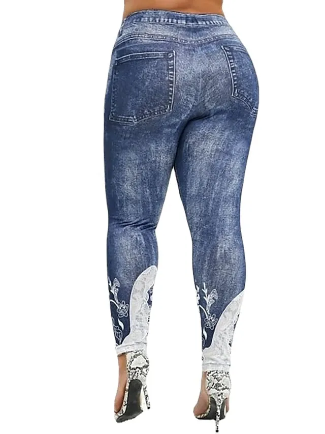 Slim fit stretch women's snowflake nine points imitation denim plus size pants