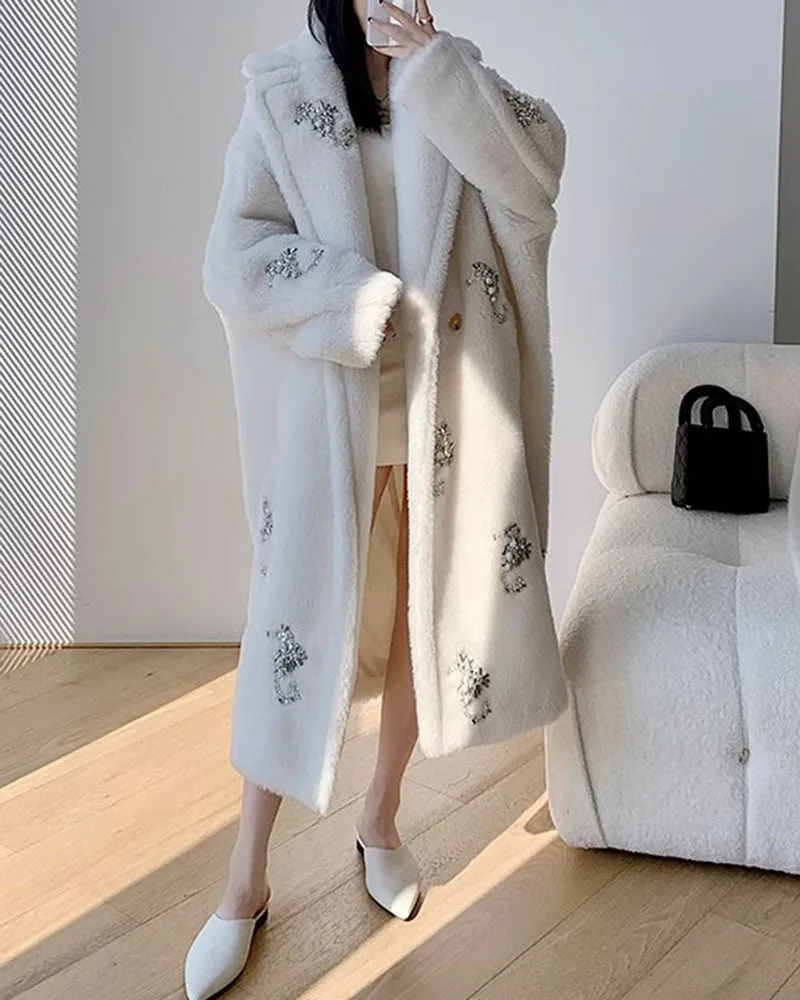 Sparkling Crystals Embroidered Seahorse Long Winter Fur Maxi Teddy Bear Coat