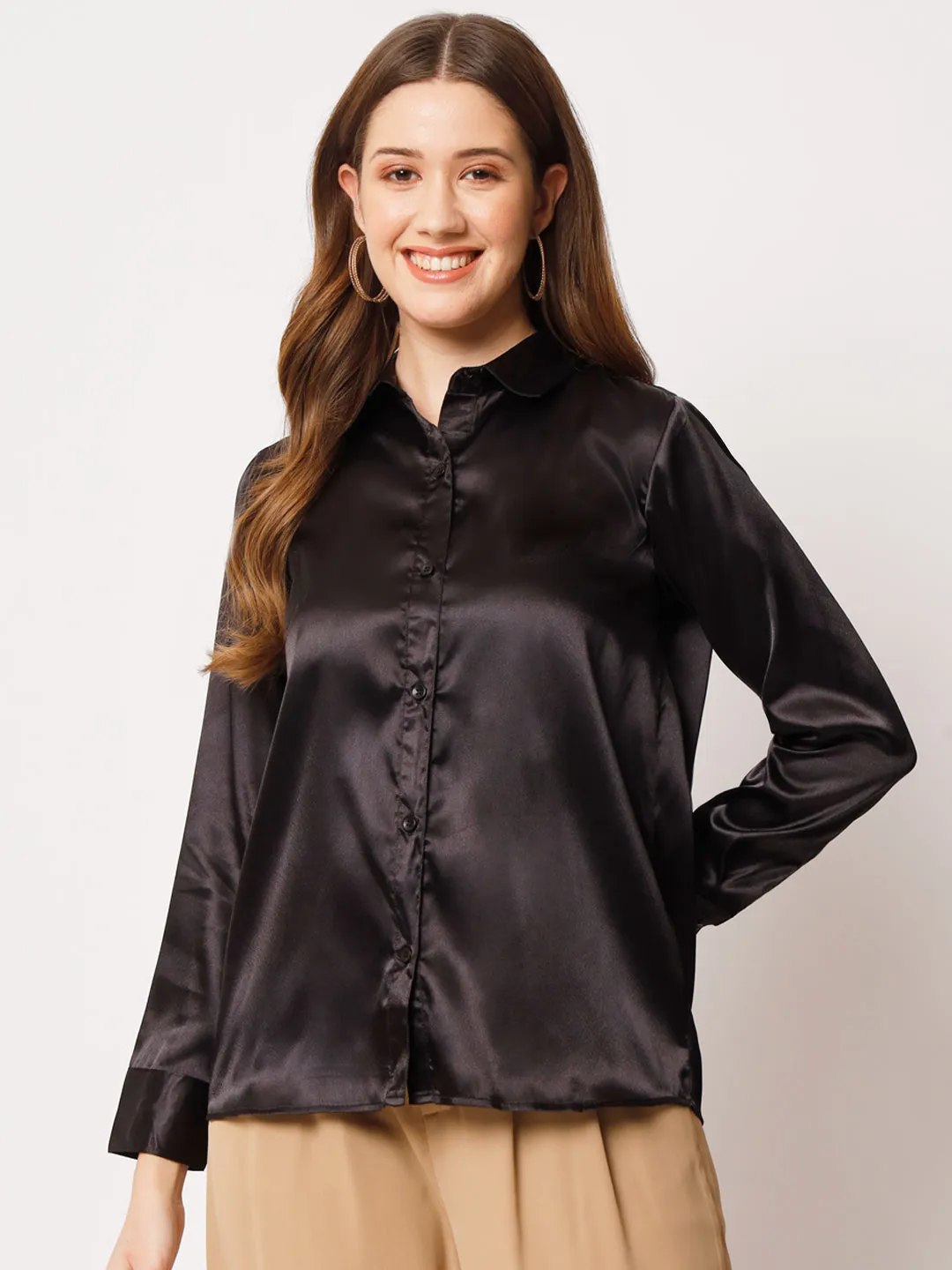 Spread Collar Long Sleeves Satin Classic Shirt