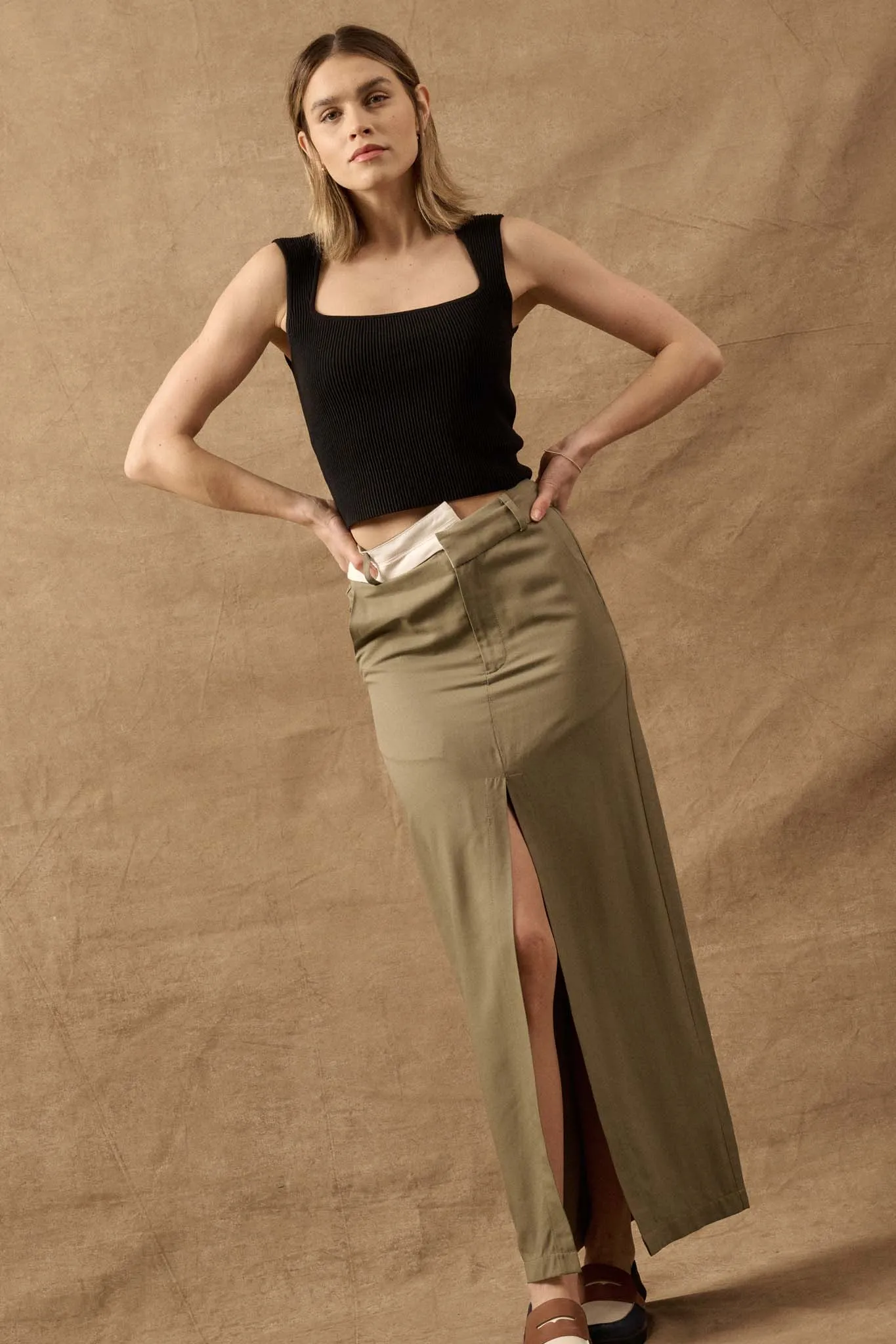 Step to It Asymmetrical-Waist Maxi Pencil Skirt