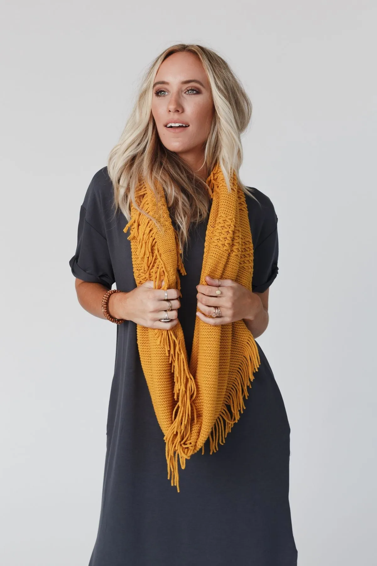 Sweet Dreams Fringe Infinity Scarf - Mustard