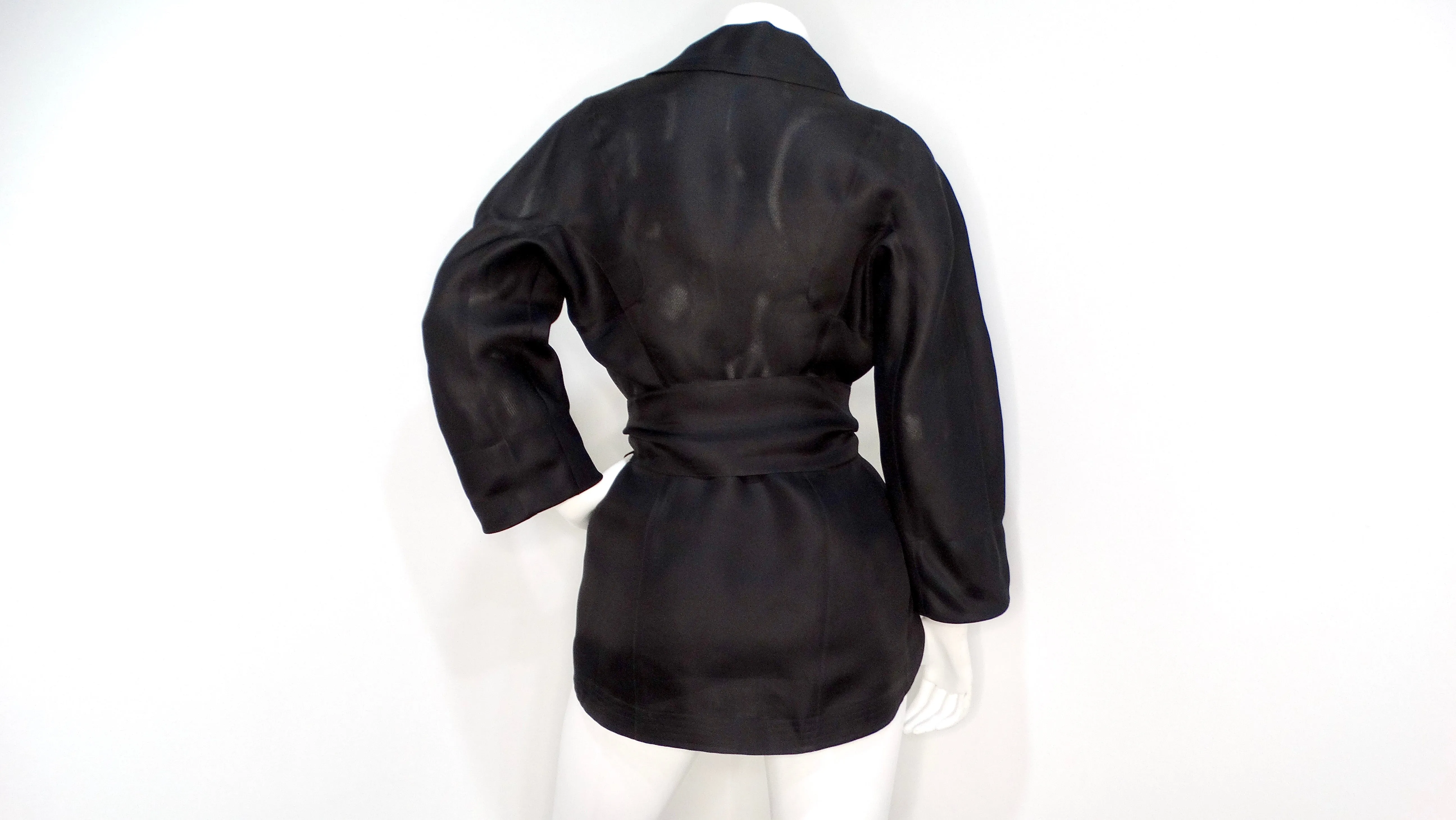 Thierry Mugler 1990s Black Silk Sheer Rose Belted Jacket