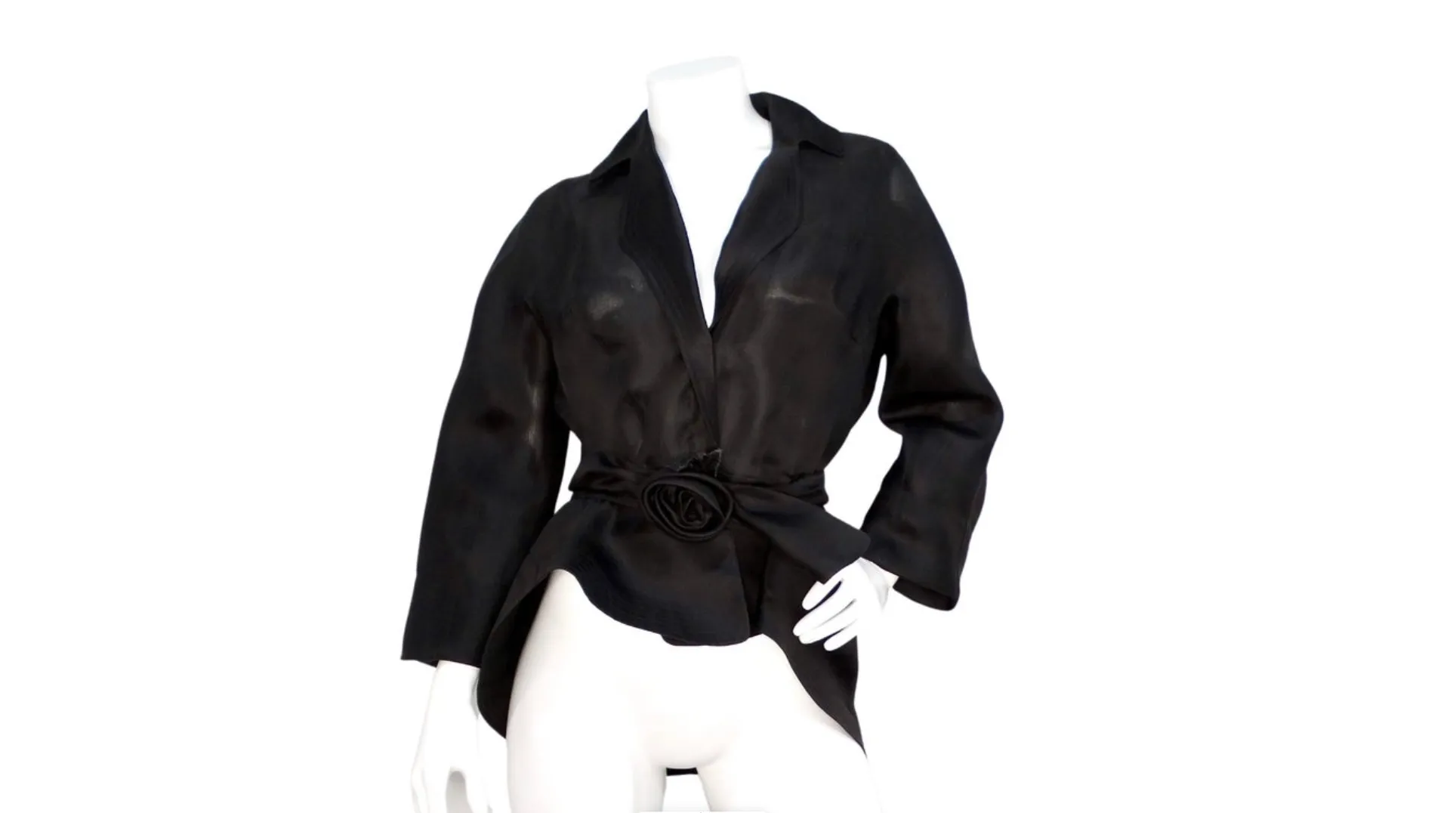 Thierry Mugler 1990s Black Silk Sheer Rose Belted Jacket