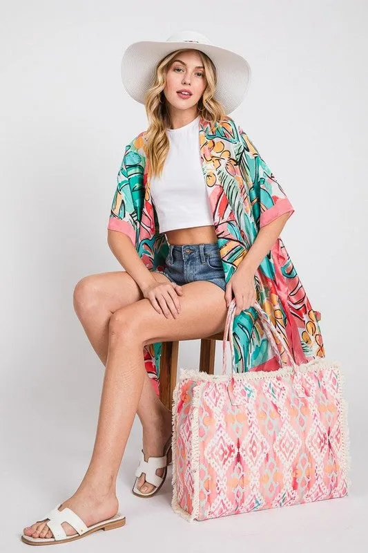 Tropical Leaf Print Silky Kimono