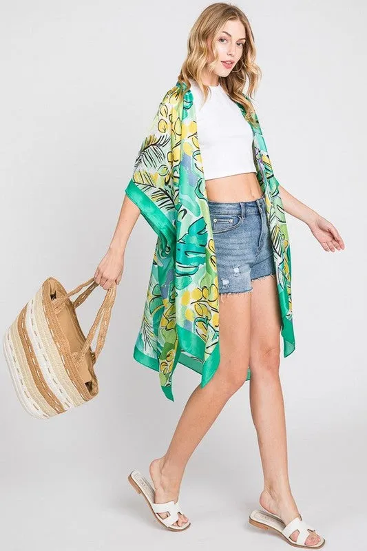 Tropical Leaf Print Silky Kimono