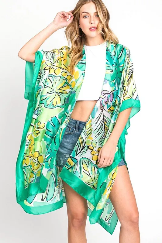 Tropical Leaf Print Silky Kimono