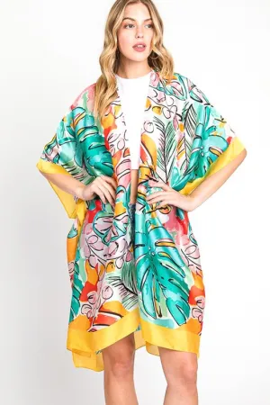 Tropical Leaf Print Silky Kimono