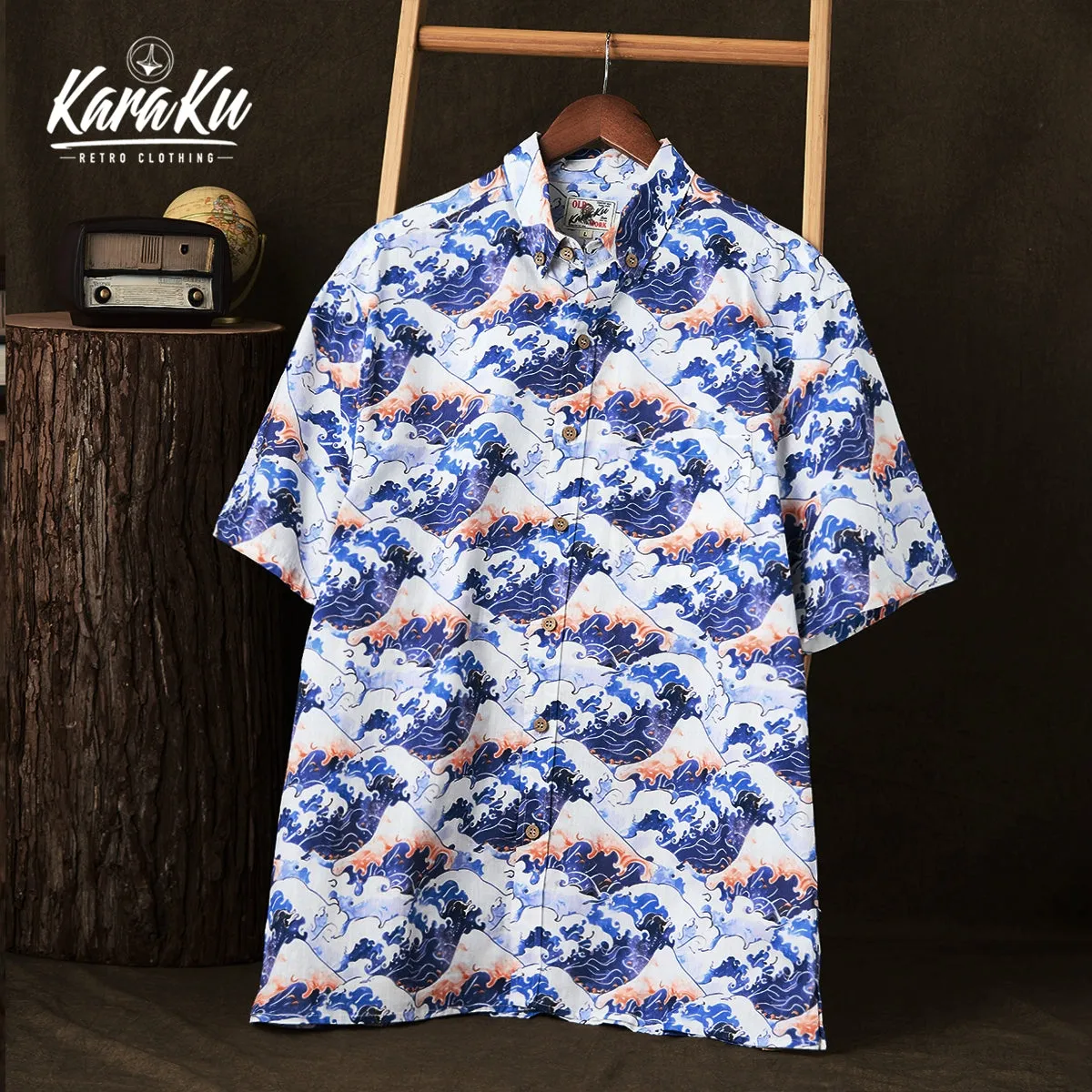 Ukiyo-e Inspired Volcanoes & Waves Cotton Shirt