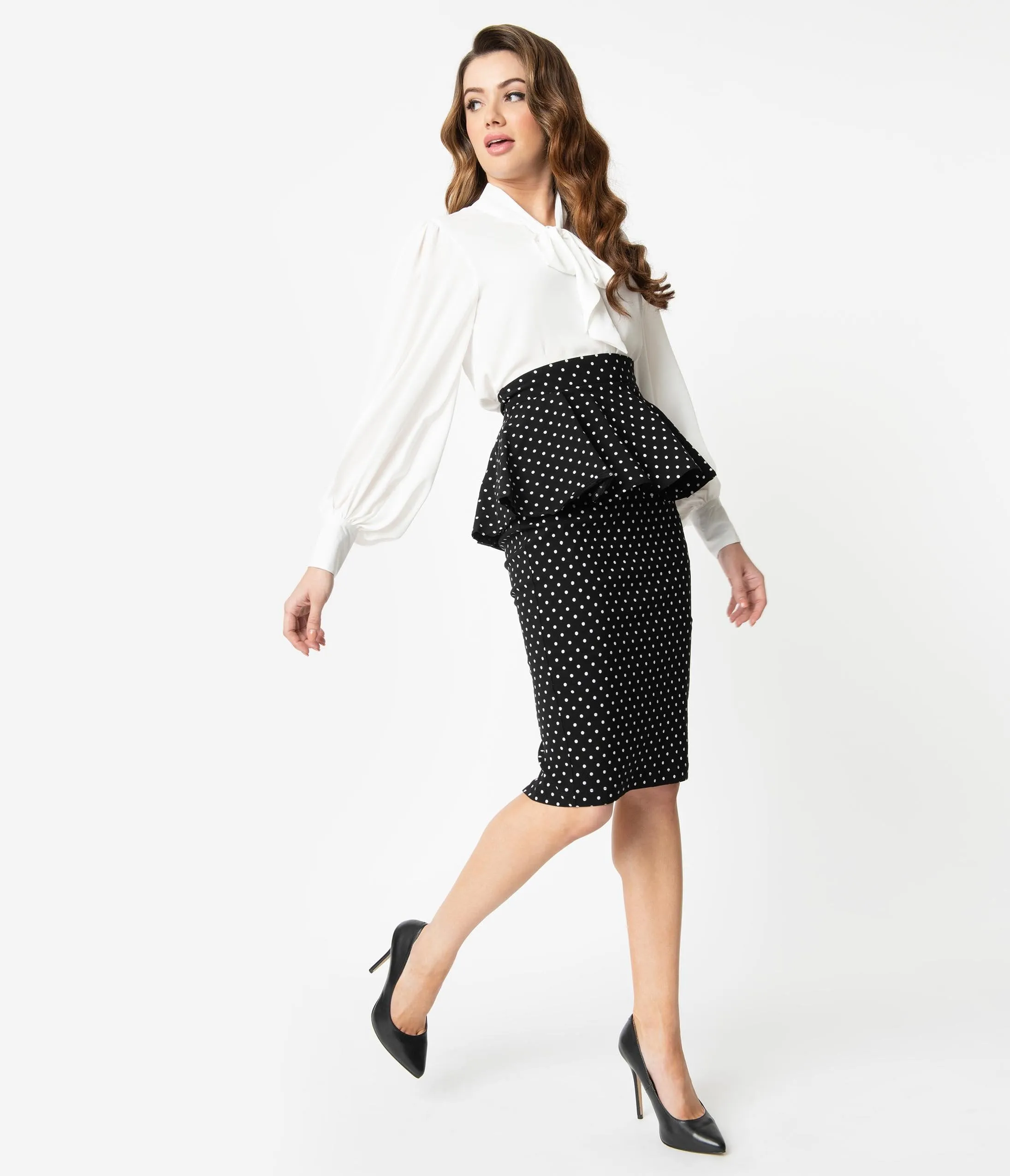 Unique Vintage 1940s Black & White Pin Dots Peplum Boulevard Pencil Skirt