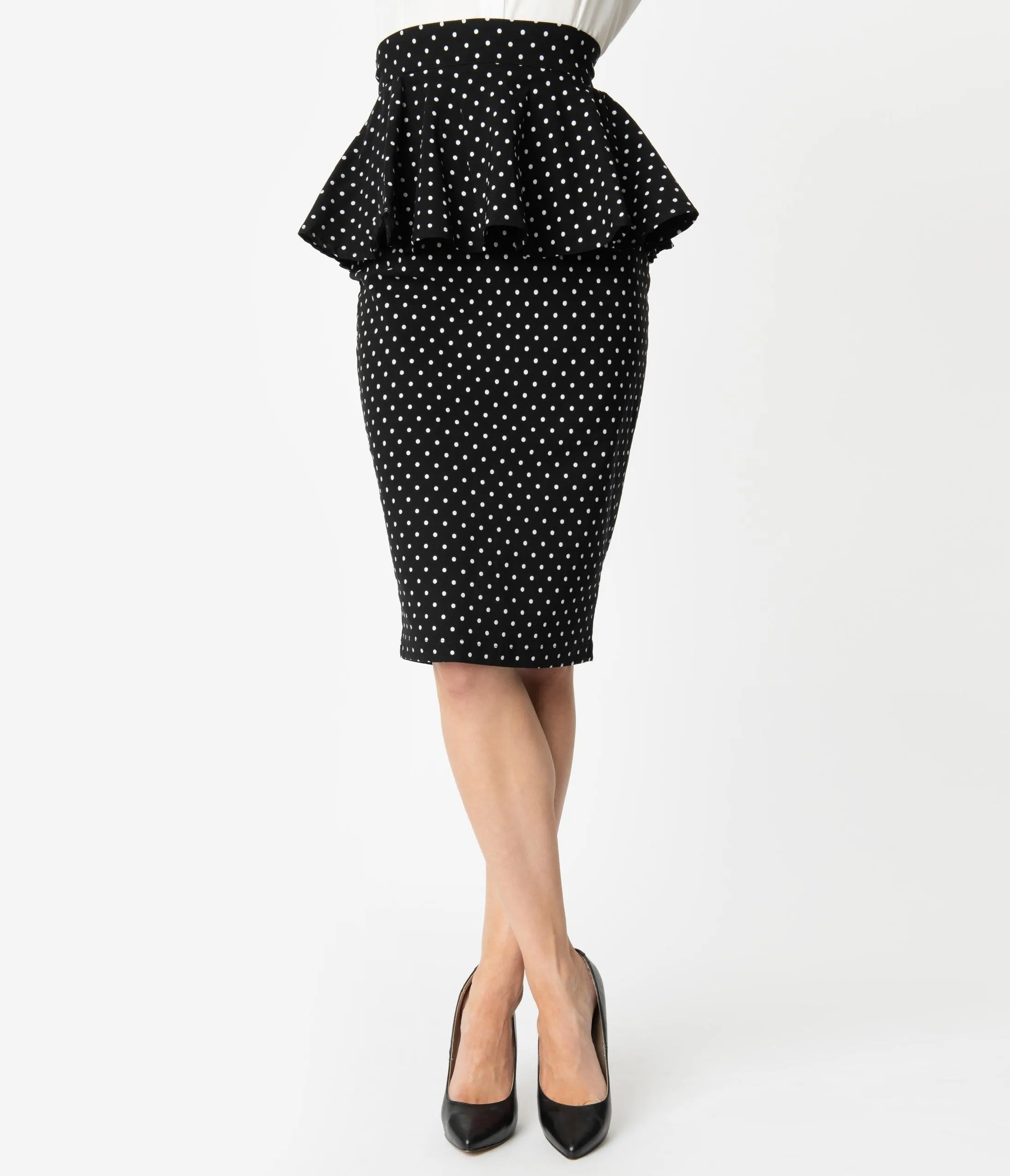 Unique Vintage 1940s Black & White Pin Dots Peplum Boulevard Pencil Skirt