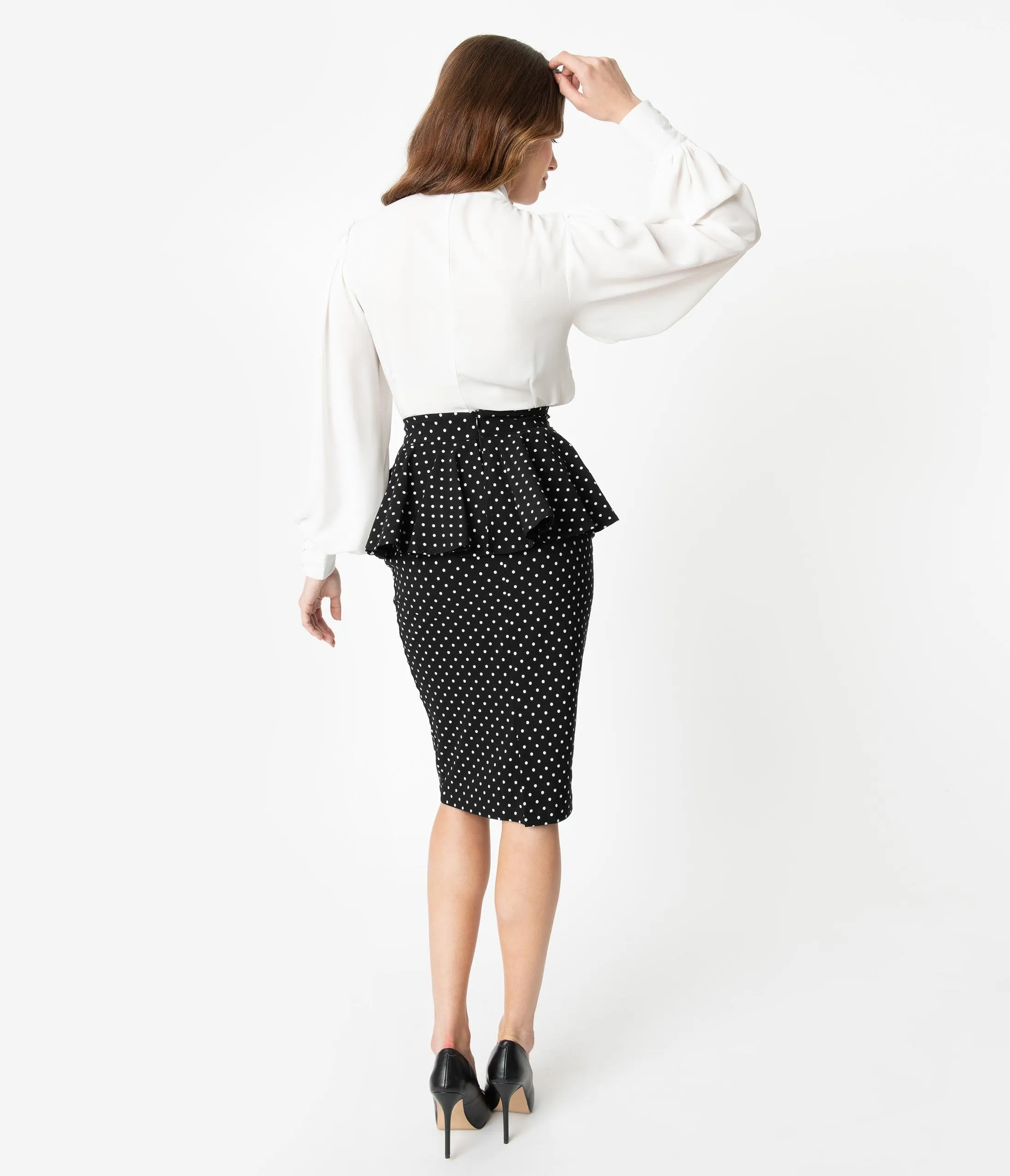 Unique Vintage 1940s Black & White Pin Dots Peplum Boulevard Pencil Skirt