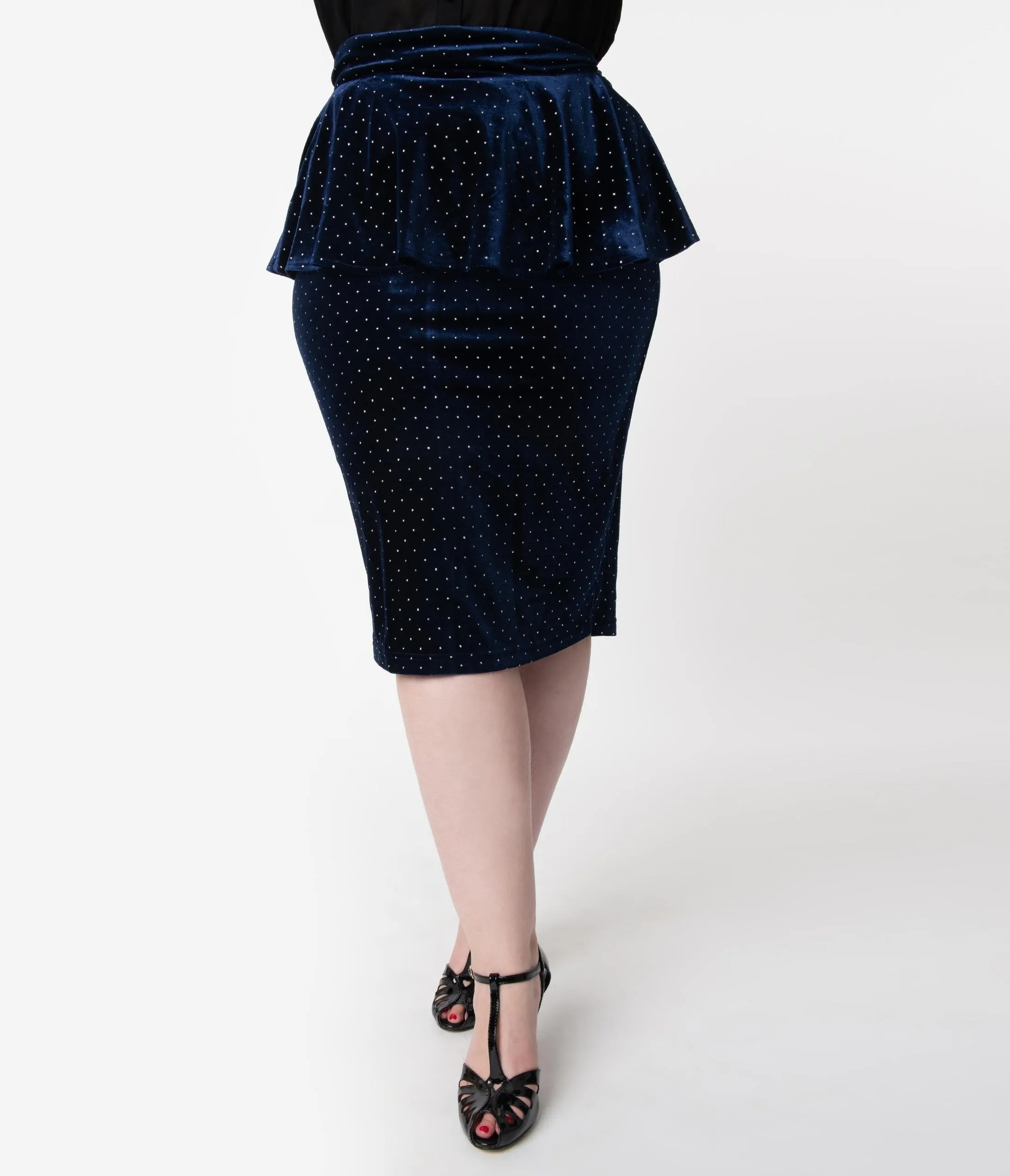 Unique Vintage Plus Size 1940s Navy Velvet Pearl Dotted Peplum Boulevard Pencil Skirt