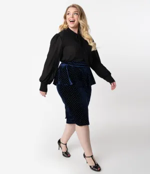 Unique Vintage Plus Size 1940s Navy Velvet Pearl Dotted Peplum Boulevard Pencil Skirt