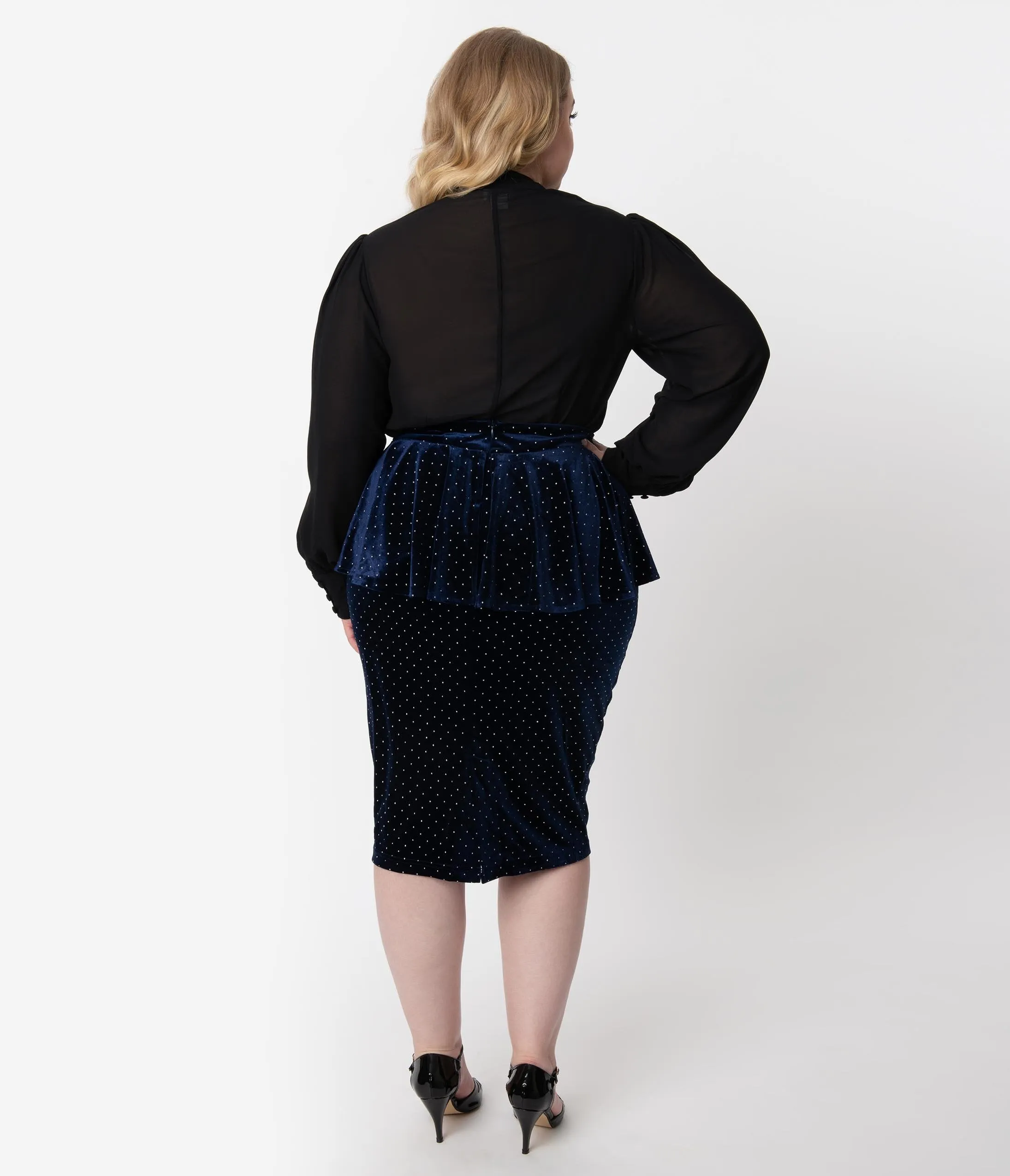 Unique Vintage Plus Size 1940s Navy Velvet Pearl Dotted Peplum Boulevard Pencil Skirt