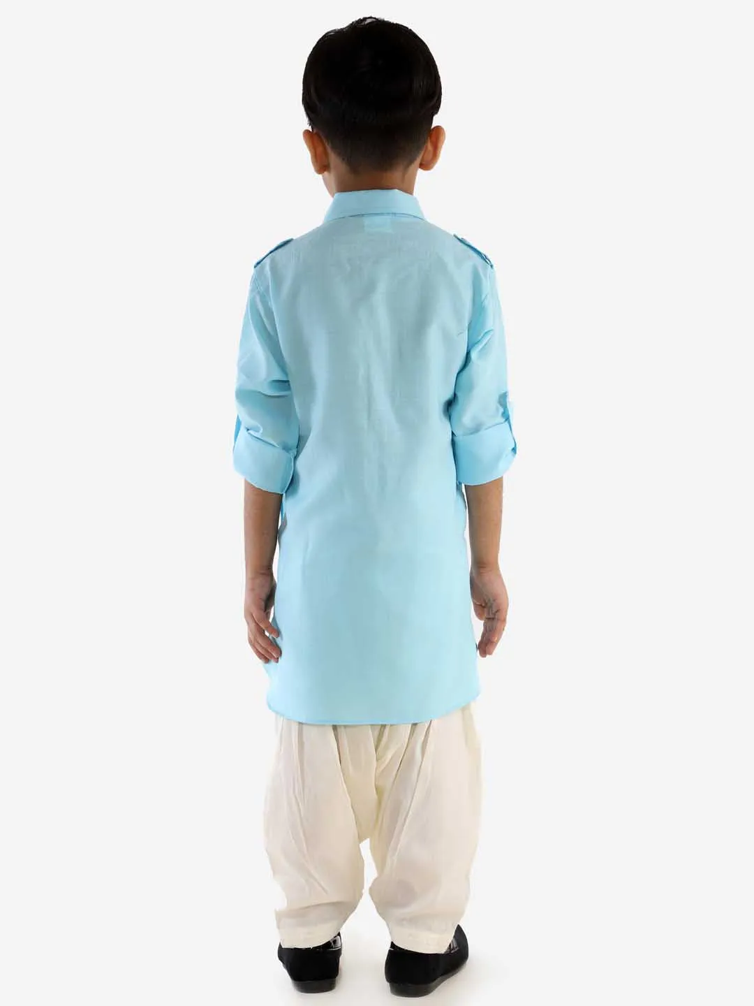 Vastramay Boy's Blue Cotton Blend Pathani Suit Set