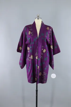 Vintage 1930s Silk Haori Kimono Cardigan Jacket / Meisen Ikat Purple Clover Floral