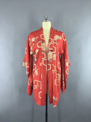 Vintage 1930s Silk Haori Kimono Cardigan / Tomato Red Orange Floral