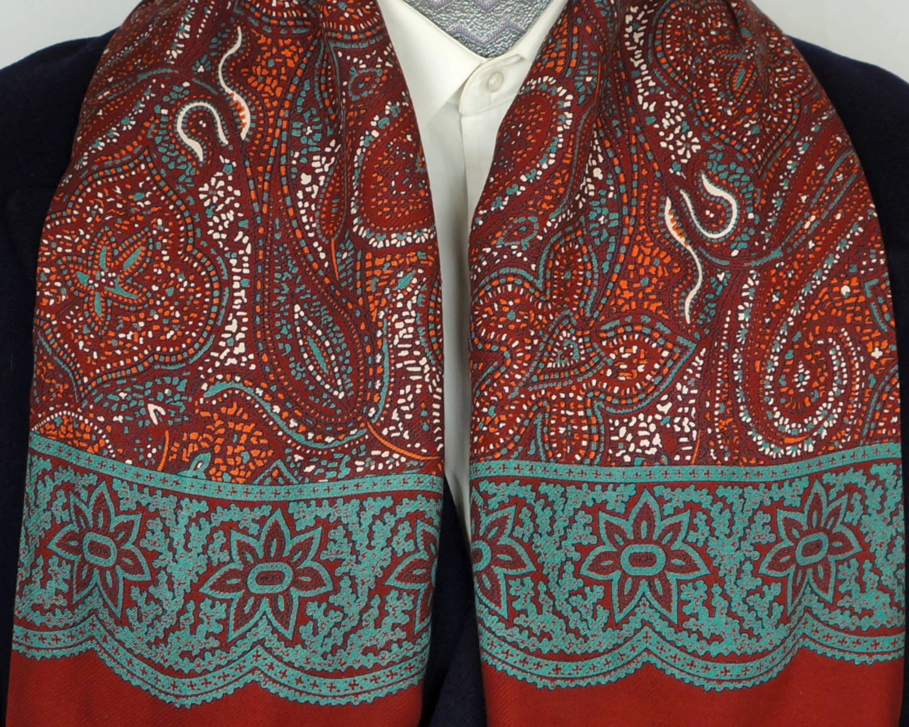 Vintage 1940s 50s Mens Fringed Scarf Hand Printed Paisley Kashmere by Brill