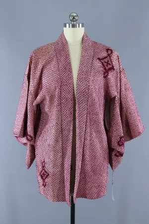 Vintage 1950s Silk Haori Kimono Cardigan Jacket / Purple & Ivory Shibori