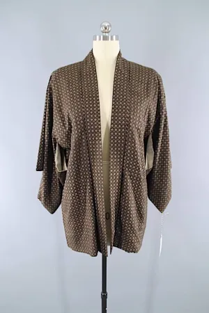 Vintage Silk Haori Kimono Jacket Cardigan / Dark Brown Ikat