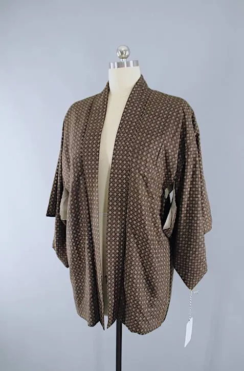 Vintage Silk Haori Kimono Jacket Cardigan / Dark Brown Ikat