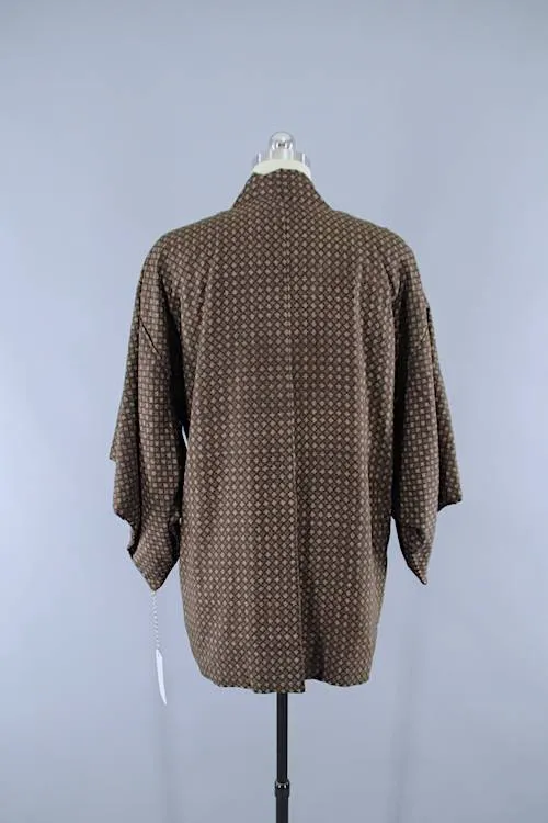 Vintage Silk Haori Kimono Jacket Cardigan / Dark Brown Ikat