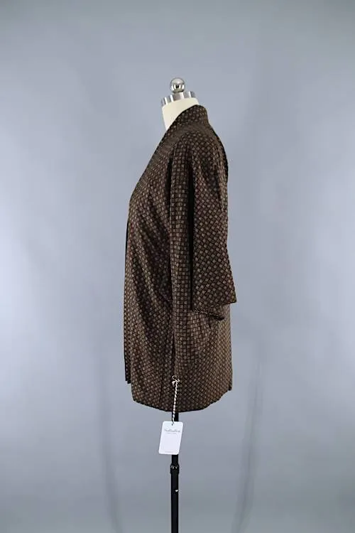 Vintage Silk Haori Kimono Jacket Cardigan / Dark Brown Ikat