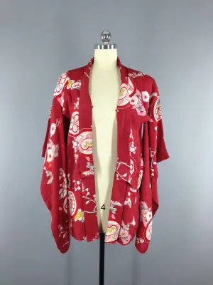 Vintage Silk Haori / Short Robe / Kimono COSTUME / 1930s Art Deco / Red Floral Print