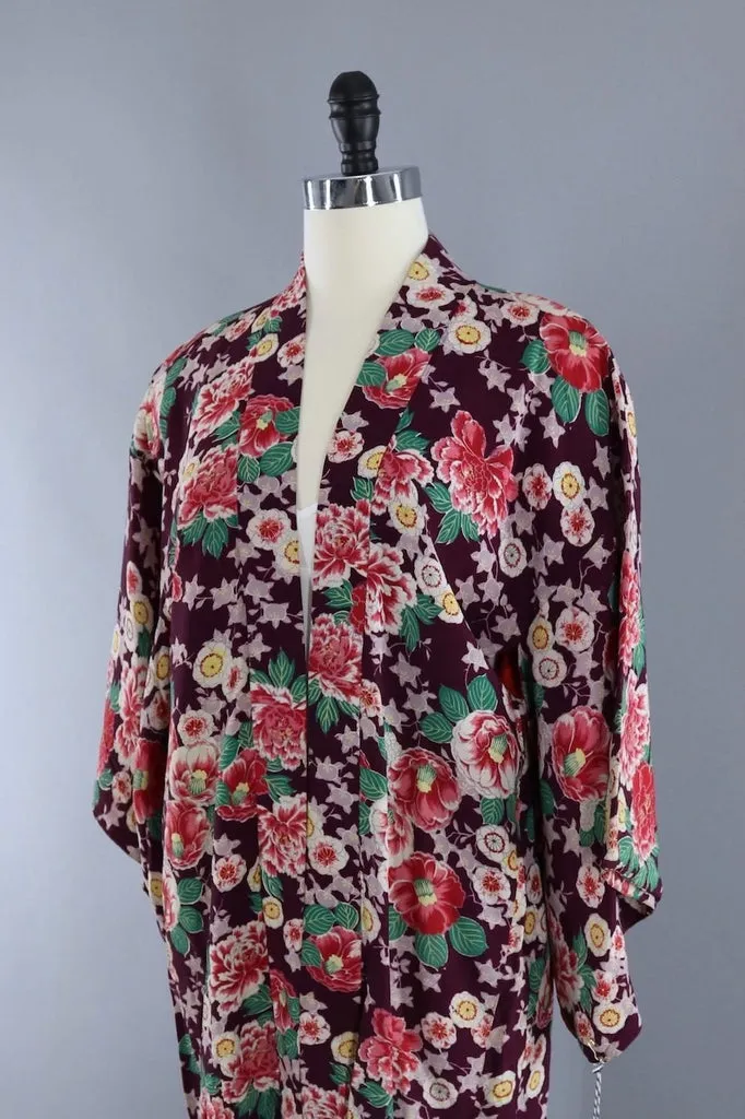 Vintage Silk Kimono Cardigan Jacket / Purple and Red Floral Print