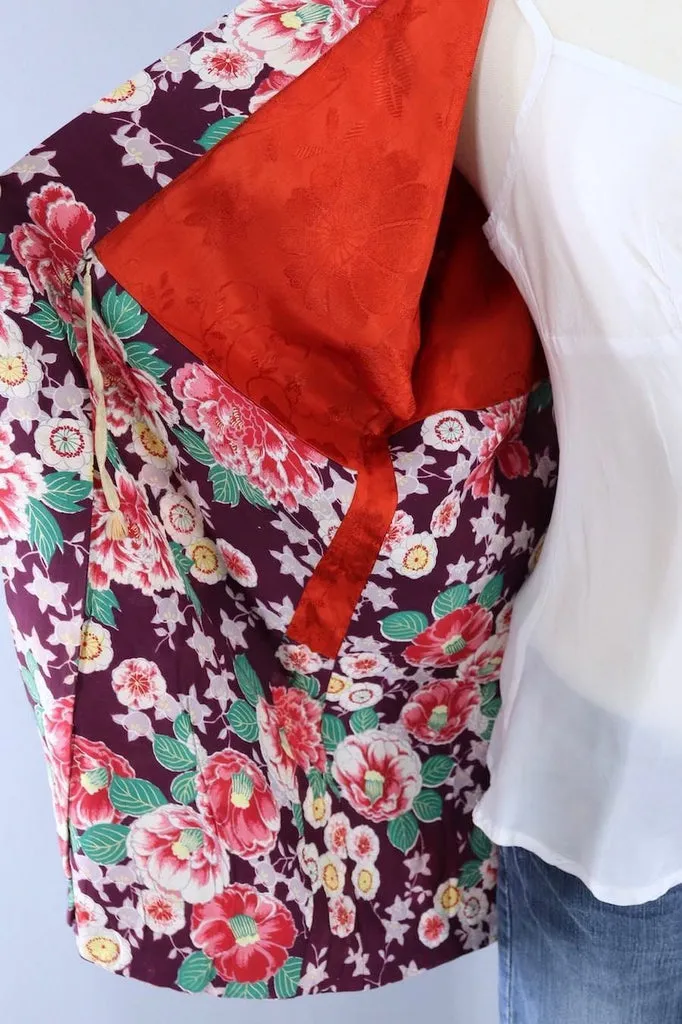 Vintage Silk Kimono Cardigan Jacket / Purple and Red Floral Print