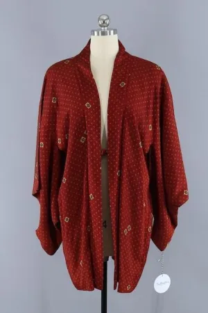 Vintage Silk Kimono Cardigan - Maroon Red Dots