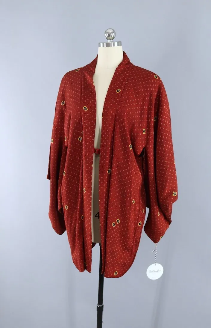 Vintage Silk Kimono Cardigan - Maroon Red Dots