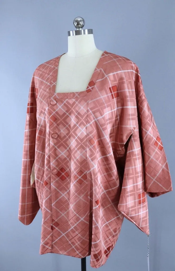 Vintage Silk Kimono Jacket / Salmon Pink Argyle