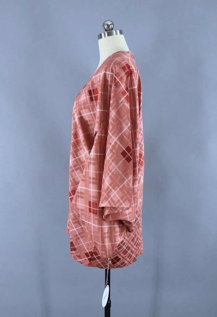 Vintage Silk Kimono Jacket / Salmon Pink Argyle