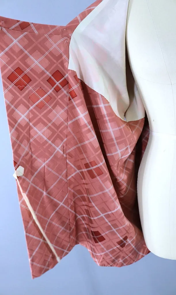 Vintage Silk Kimono Jacket / Salmon Pink Argyle