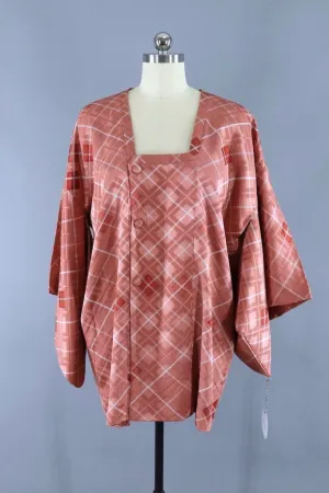 Vintage Silk Kimono Jacket / Salmon Pink Argyle