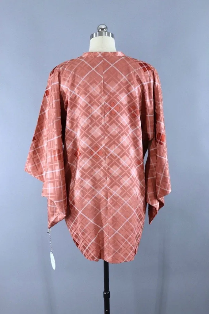 Vintage Silk Kimono Jacket / Salmon Pink Argyle