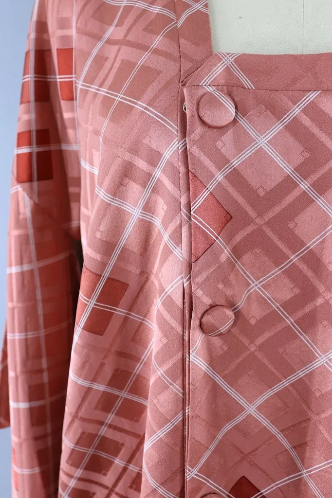 Vintage Silk Kimono Jacket / Salmon Pink Argyle