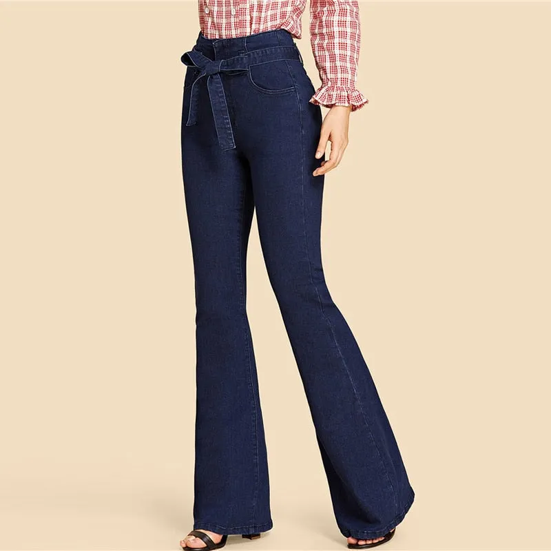 Vintage Stylish Women's Navy High Waist Flared Denim Trousers