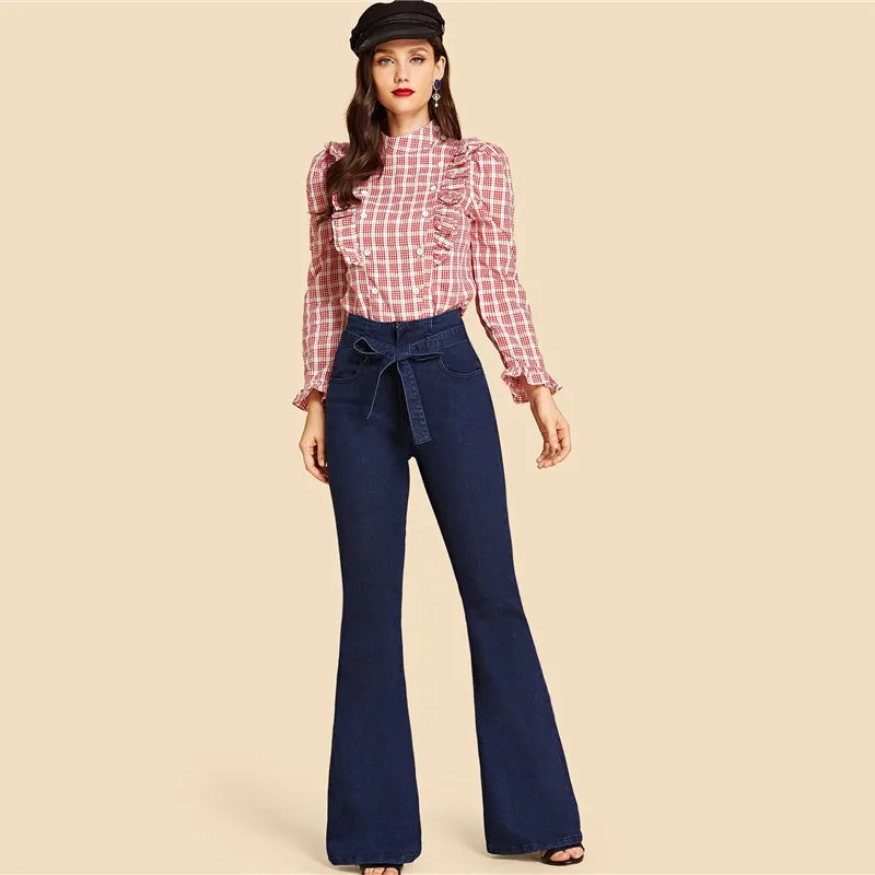 Vintage Stylish Women's Navy High Waist Flared Denim Trousers