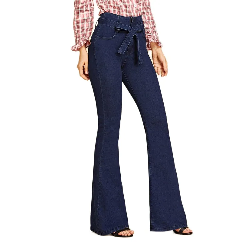 Vintage Stylish Women's Navy High Waist Flared Denim Trousers