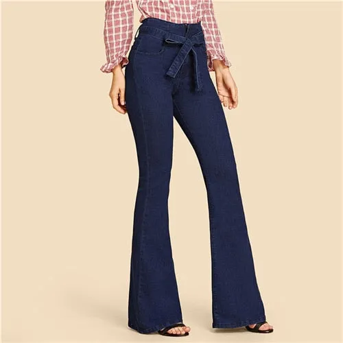 Vintage Stylish Women's Navy High Waist Flared Denim Trousers