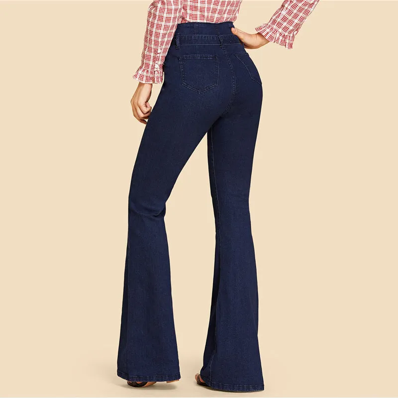 Vintage Stylish Women's Navy High Waist Flared Denim Trousers