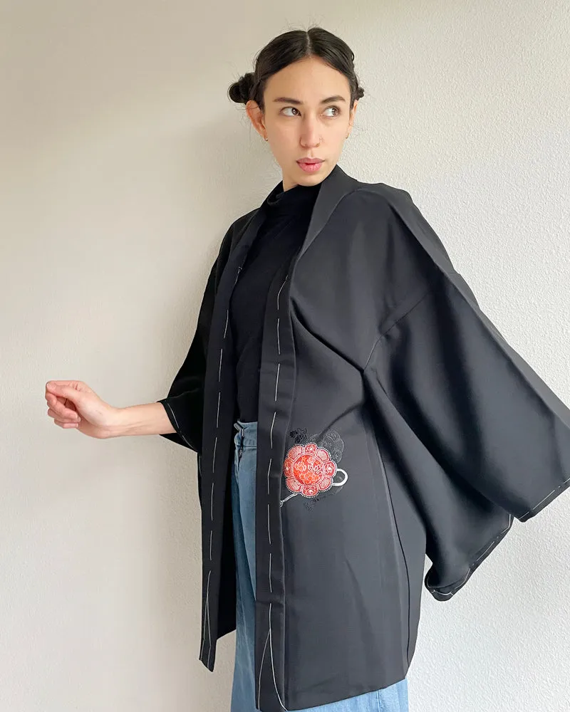 Weaving Embroidery of Flowers Black Haori Kimono Jacket