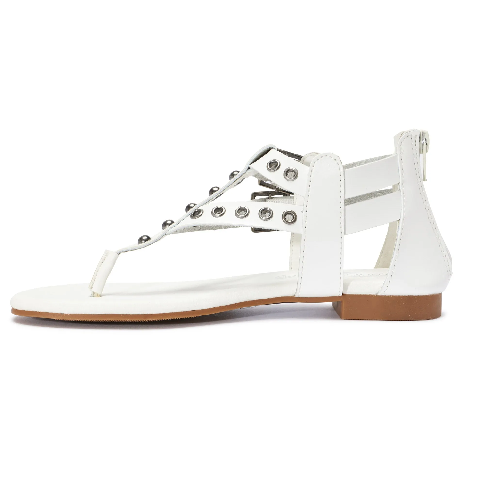 White Flat Studded Double Buckle Sandal