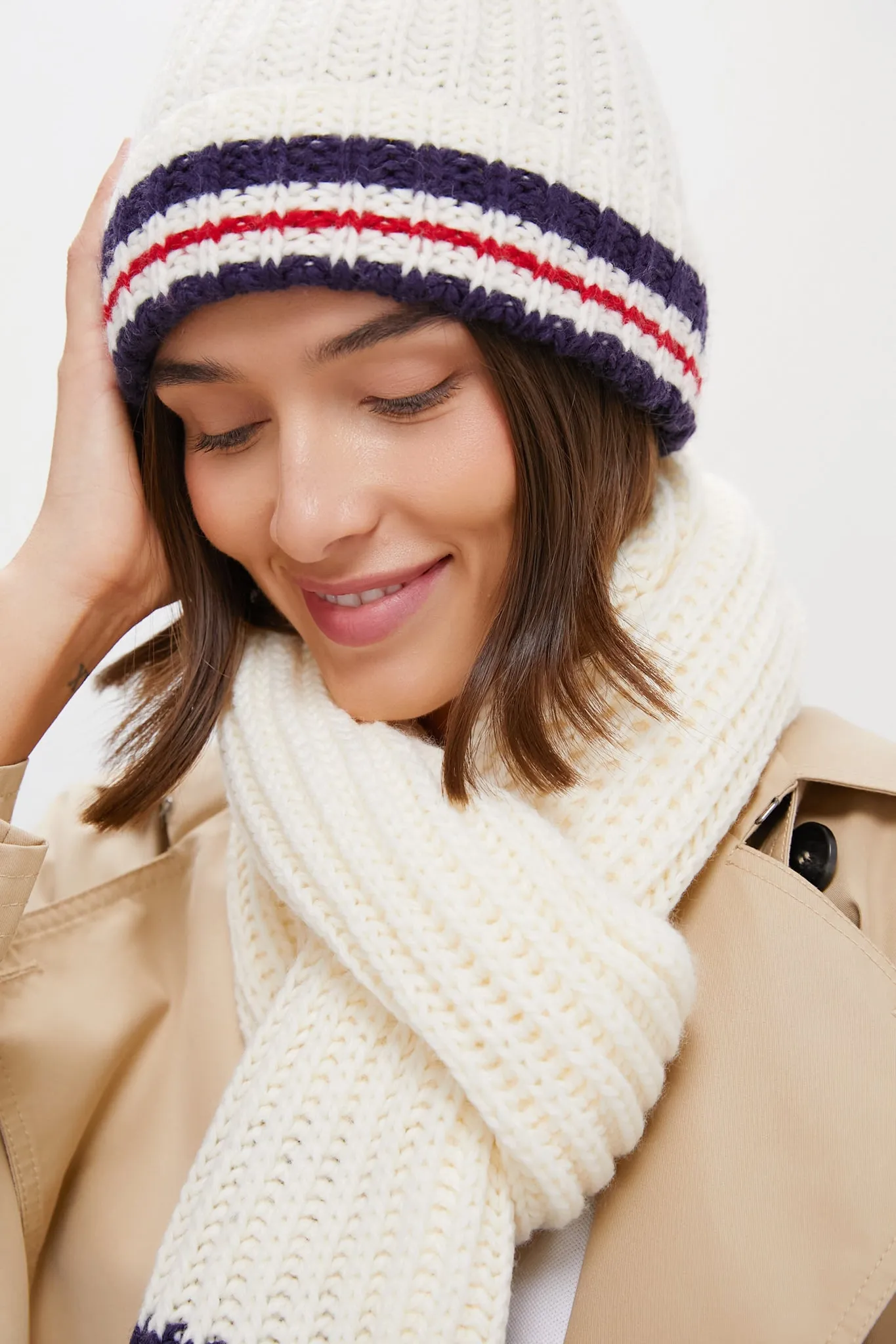 White Stripe Chunky Knit Hat and Scarf Set