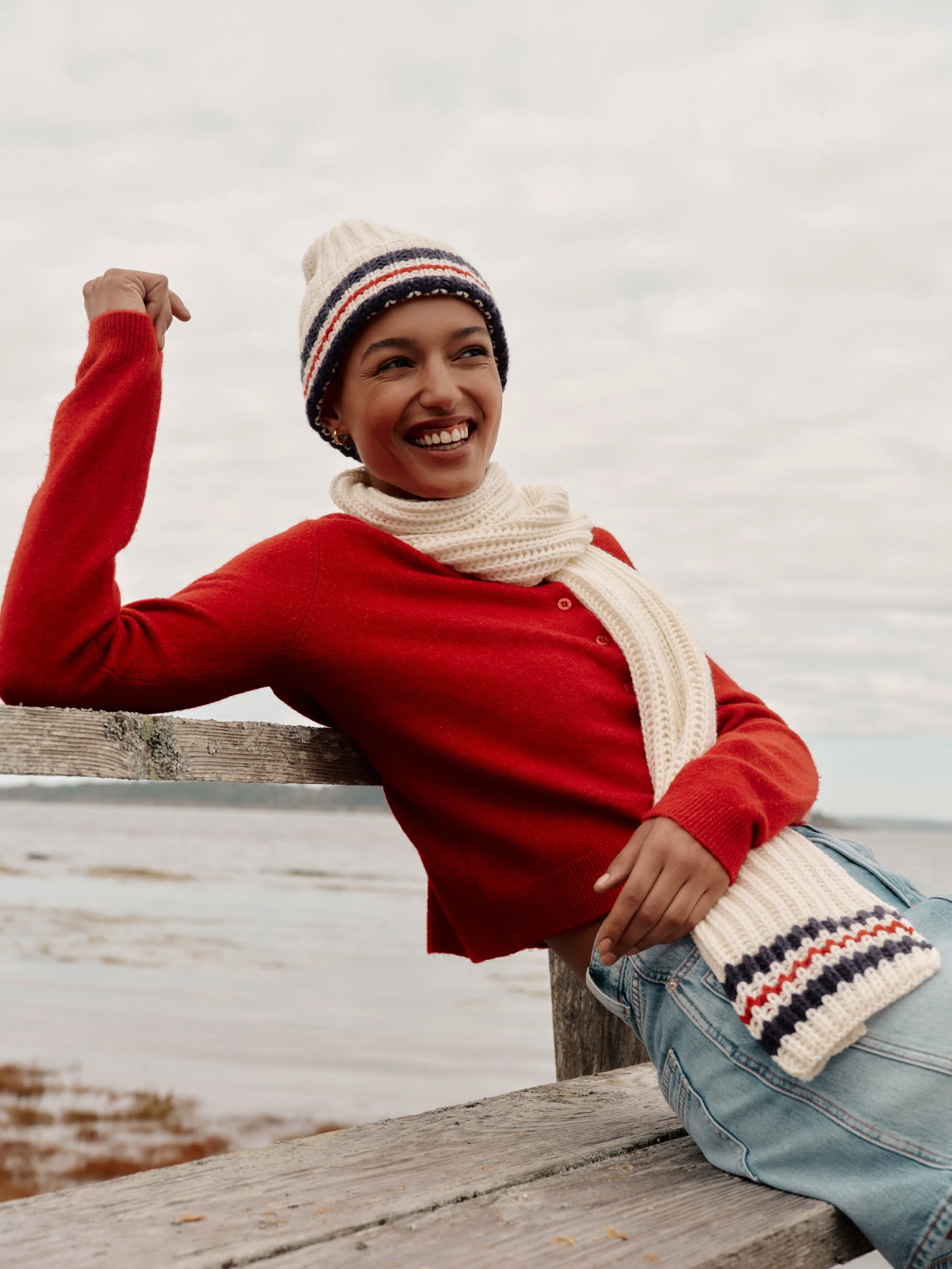 White Stripe Chunky Knit Hat and Scarf Set