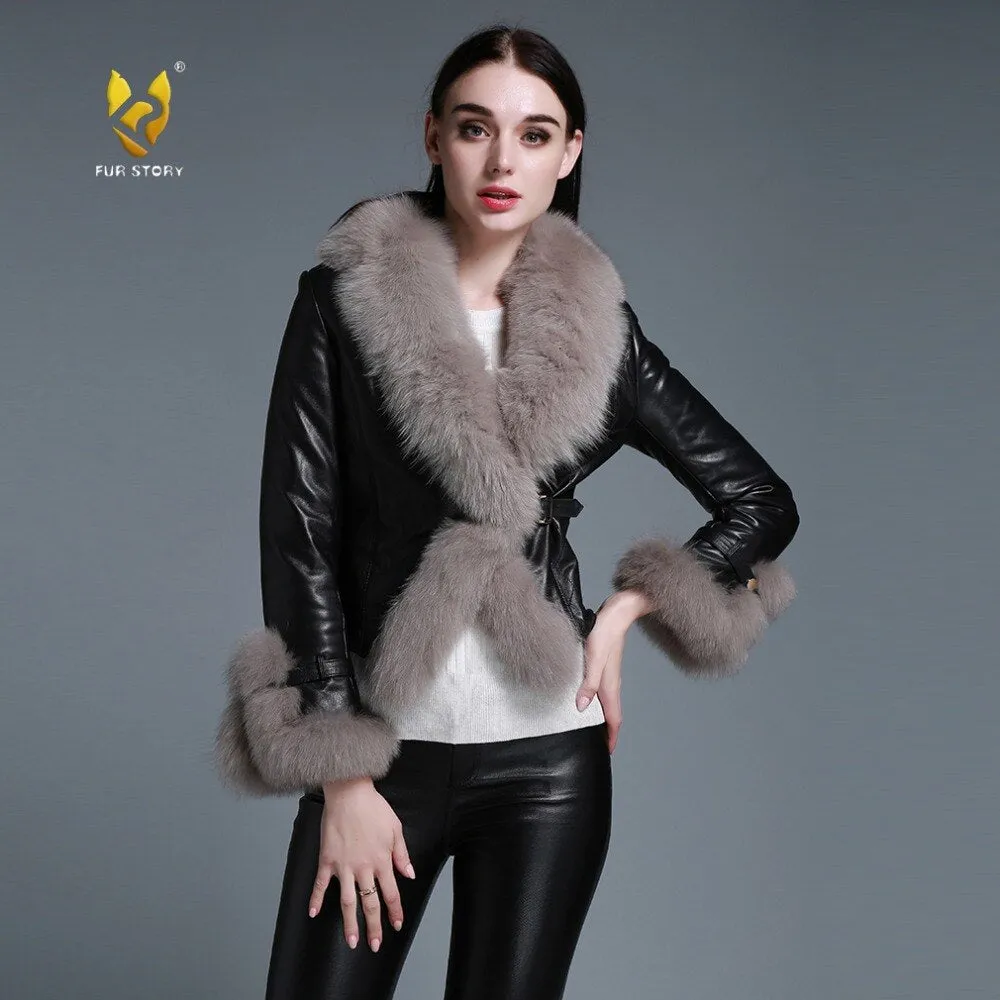 Winter Coat with Real Fur Sheep Fox Fur Collar and Trim Overcoat  010213