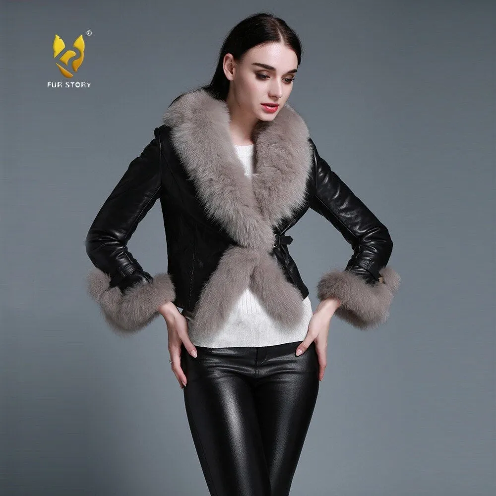 Winter Coat with Real Fur Sheep Fox Fur Collar and Trim Overcoat  010213