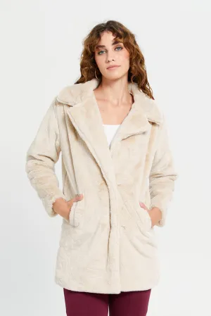 Women Beige Faux Fur Coat